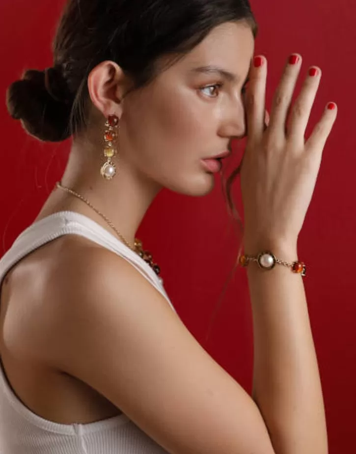 algaida_button_golden_earrings_with_amber_murano_glass_2.webp Flash Sale Majorica Algaida Button Golden Earrings With Amber Murano Glass