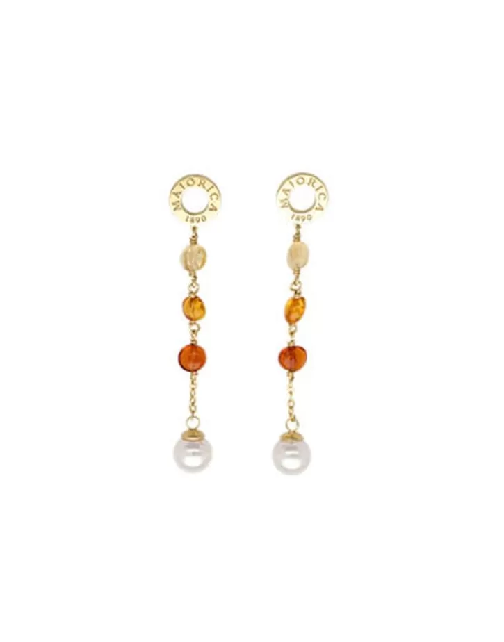 Hot Majorica Algaida Golden Long Earrings With Pearl And Amber Murano Glass