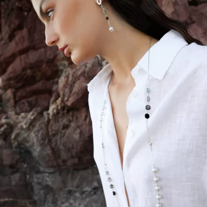 algaida_silver_long_earrings_with_pearl_and_black_murano_glass_3.webp Best Sale Majorica Algaida Silver Long Earrings With Pearl And Black Murano Glass