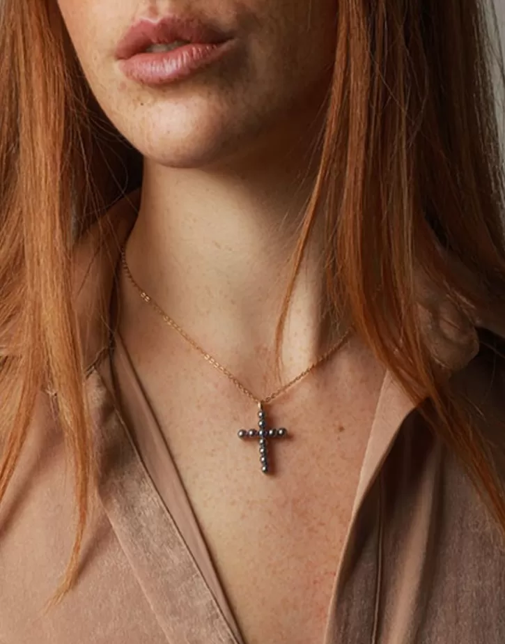 Sale Majorica Crosses Collection Gold Pendant With Gray Pearl