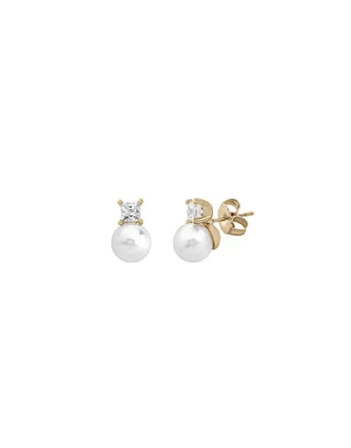 New Majorica Earrings Selene Gold Plated With 8Mm White Pearl And Zircons