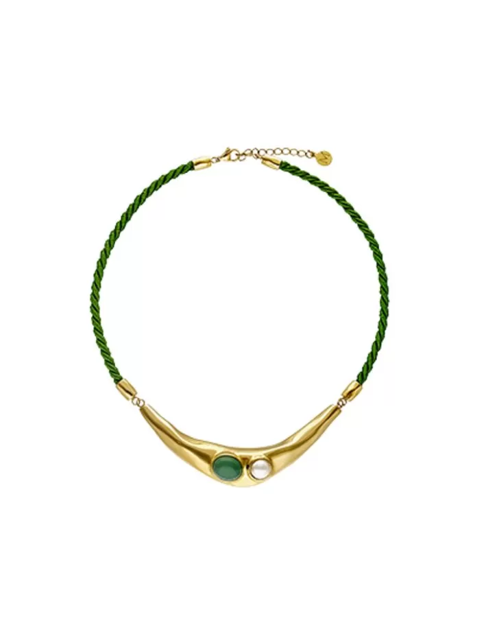 Best Sale Majorica Feme Leather Necklace With White Pearl And Green Agate