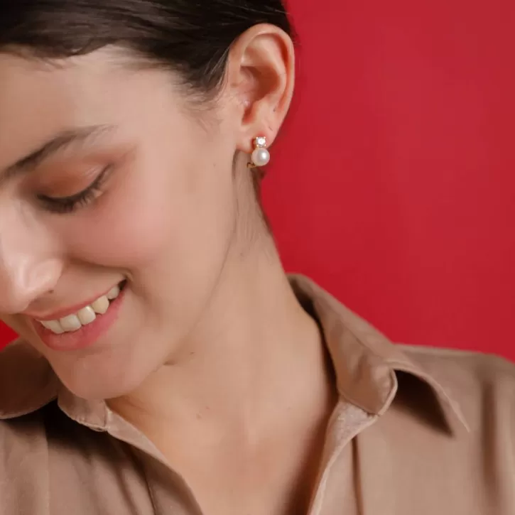 Best Sale Majorica Gold Plated Earrings Selene With 8Mm White Pearl And Zircons