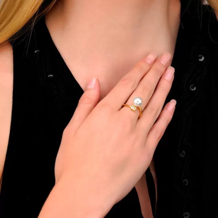 Online Majorica Gold-Plated Ring Selene With 10Mm White Pearl And Zircon