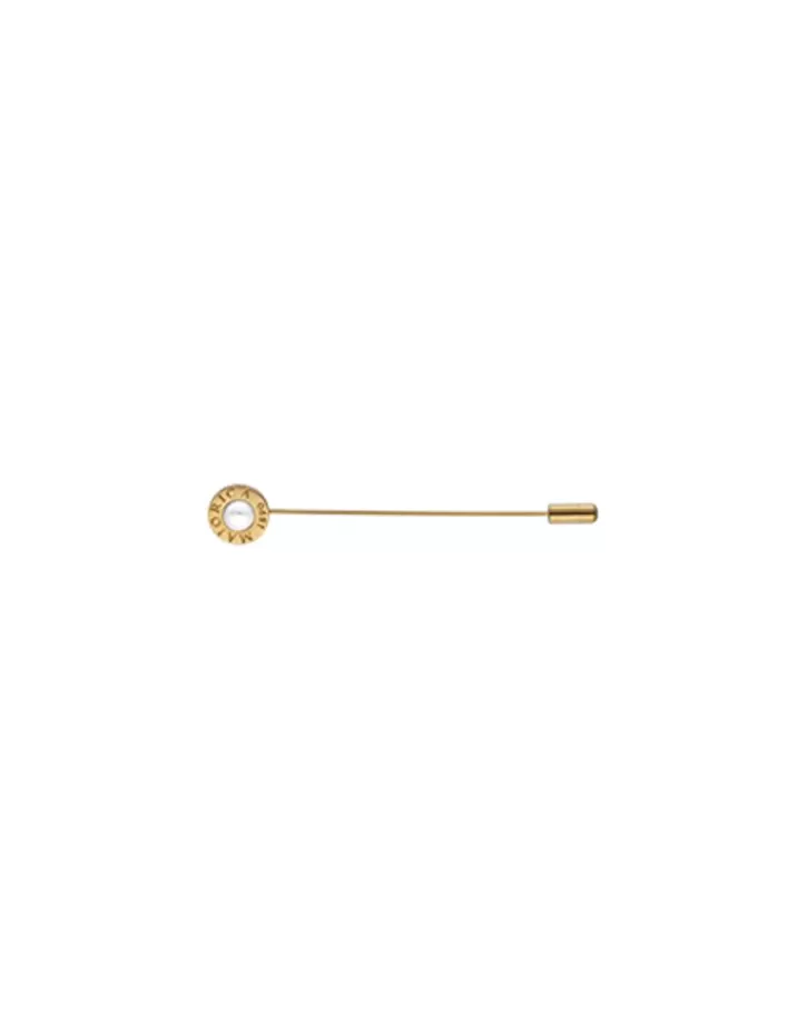 Clearance Majorica Le Club Long Gold Steel Broach With Logo And White Half Pearl