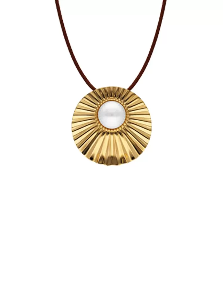 Shop Majorica Le Palm White Pearl Gold-Plated Steel Necklace With Brown Silk Cord