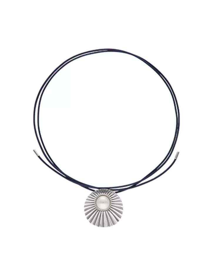 Store Majorica Le Palm White Pearl Steel Necklace With Blue Silk Cord