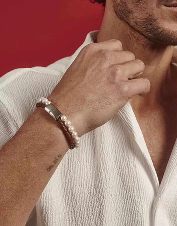 New Majorica Sailor Bracelet In Steel, Brown Leather And White Pearl 21Cm