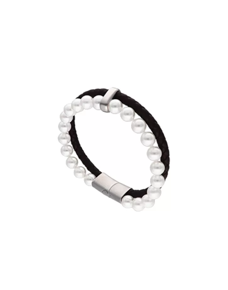 New Majorica Sailor Bracelet In Steel, Brown Leather And White Pearl 21Cm