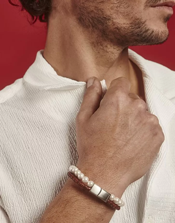 New Majorica Sailor Bracelet In Steel, Brown Leather And White Pearl 21Cm