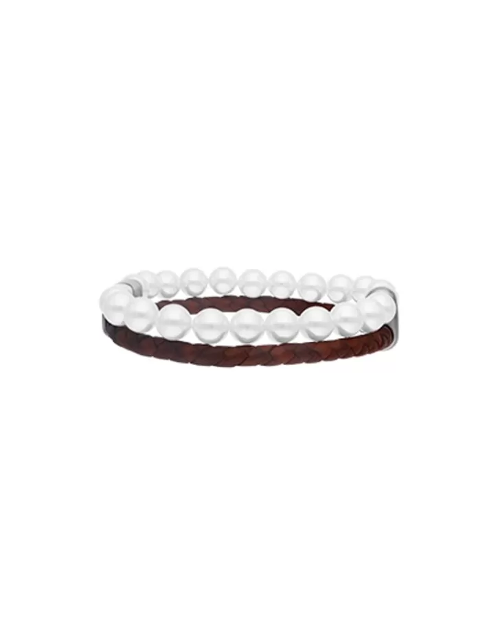 Shop Majorica Sailor Bracelet In Steel, Brown Leather And White Pearl 22Cm