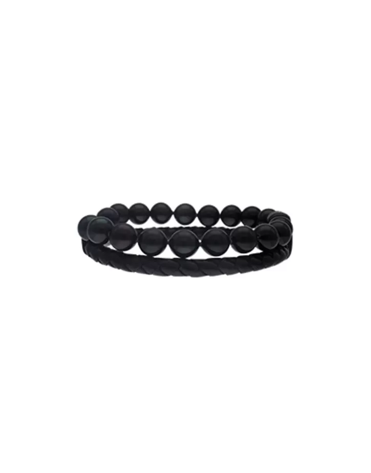 Clearance Majorica Sailor Bracelet In Steel, Leather And Black Pearl 22Cm