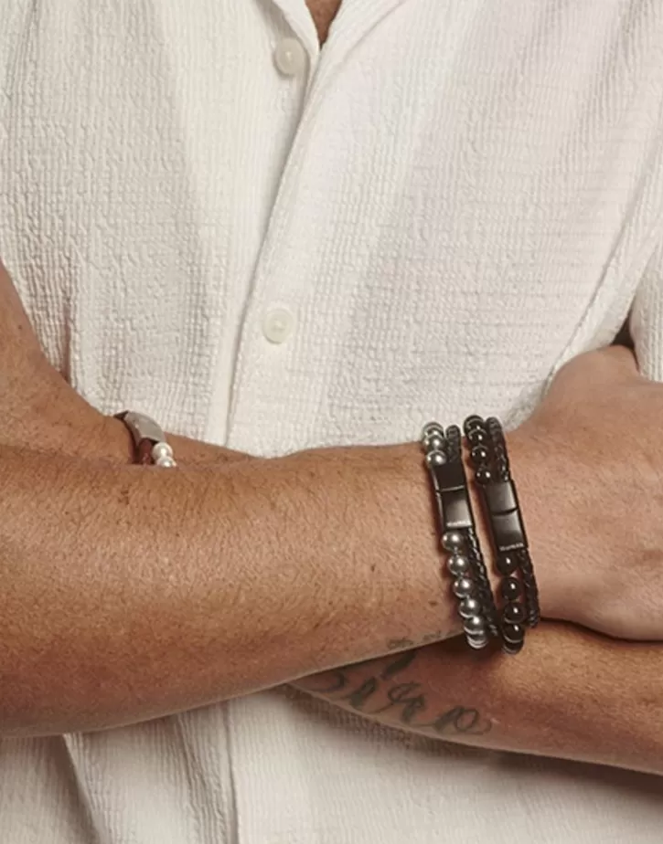 sailor_bracelet_in_steel_leather_and_black_pearl_22cm_3.webp Clearance Majorica Sailor Bracelet In Steel, Leather And Black Pearl 22Cm