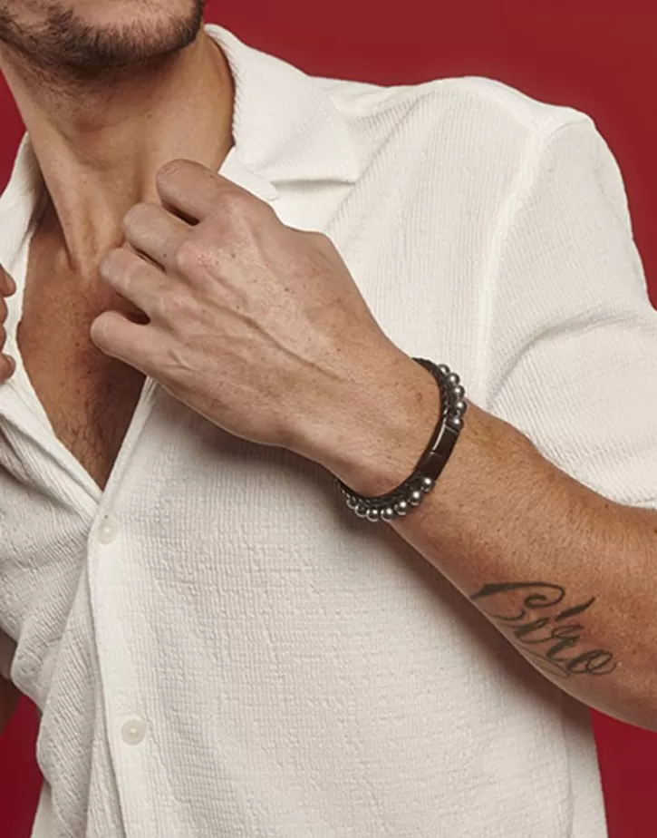 sailor_bracelet_in_steel_leather_and_grey_pearl_22cm_2.webp Clearance Majorica Sailor Bracelet In Steel, Leather And Grey Pearl 22Cm