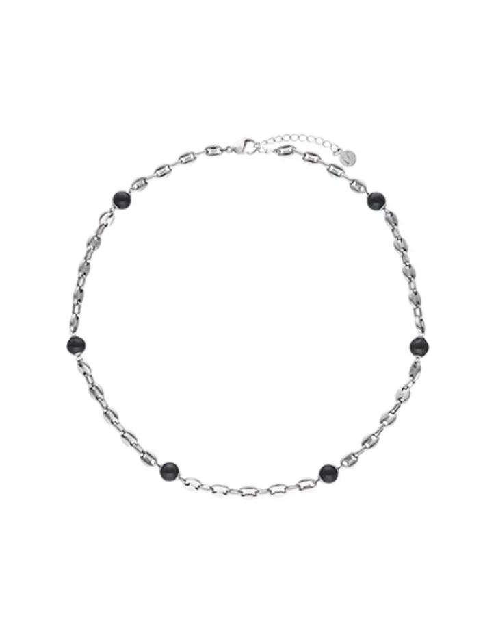 New Majorica Sailor Chain Necklace In Steel And Black Pearls