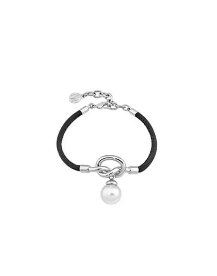 New Majorica Sicilia Leather Bracelet With A Silver Knot And A Round Pearl