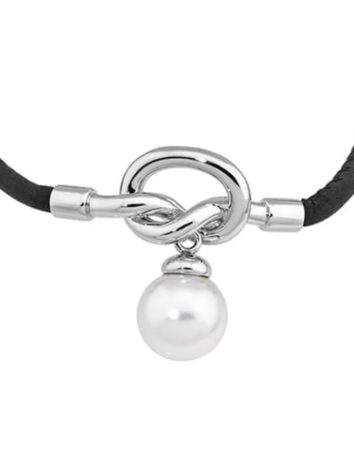 New Majorica Sicilia Leather Bracelet With A Silver Knot And A Round Pearl