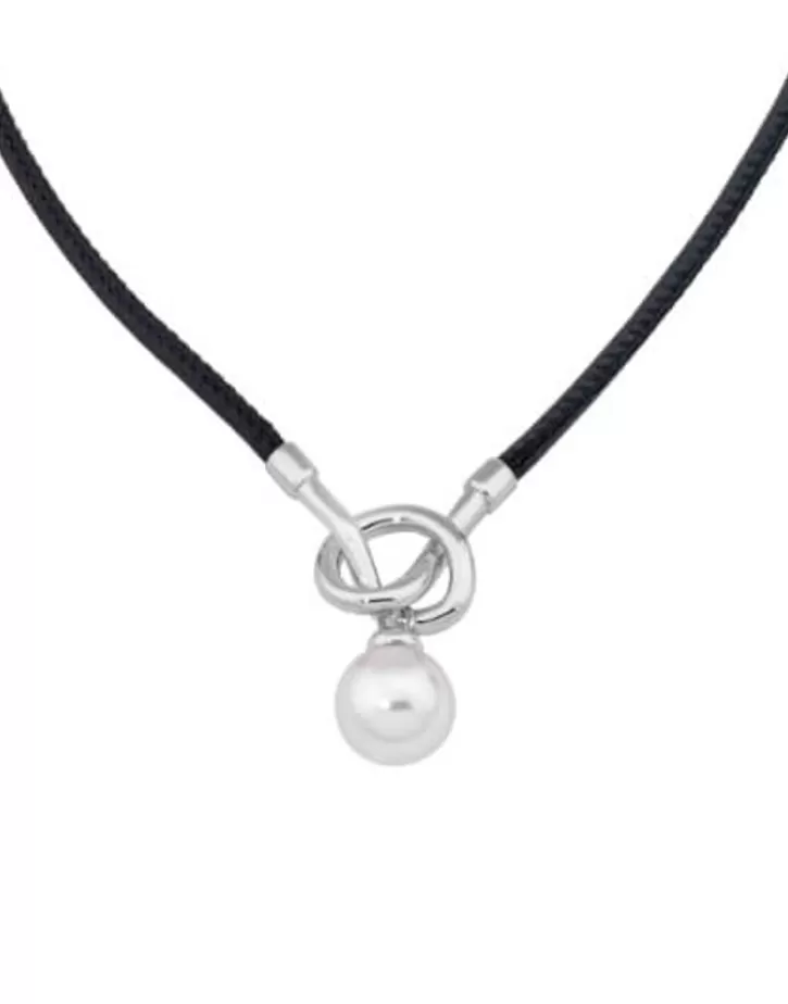 Clearance Majorica Sicilia Leather Necklace With A Silver Knot And A Round Pearl