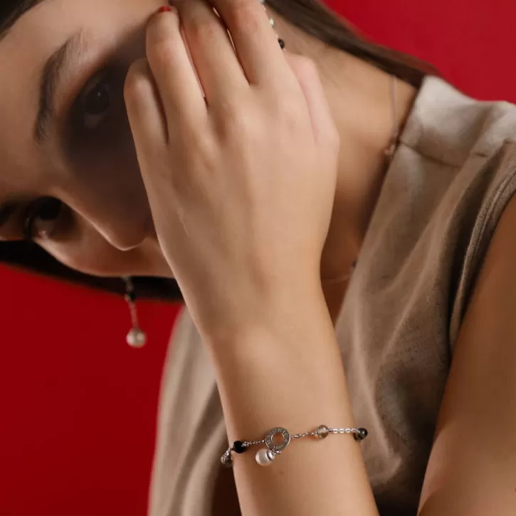 Cheap Majorica Silver Algaida Bracelet With Round Pearl And Black Murano Glass