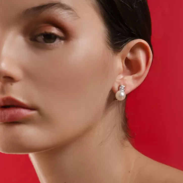 Shop Majorica Silver Earrings Selene With 9Mm White Pearl And Zircons