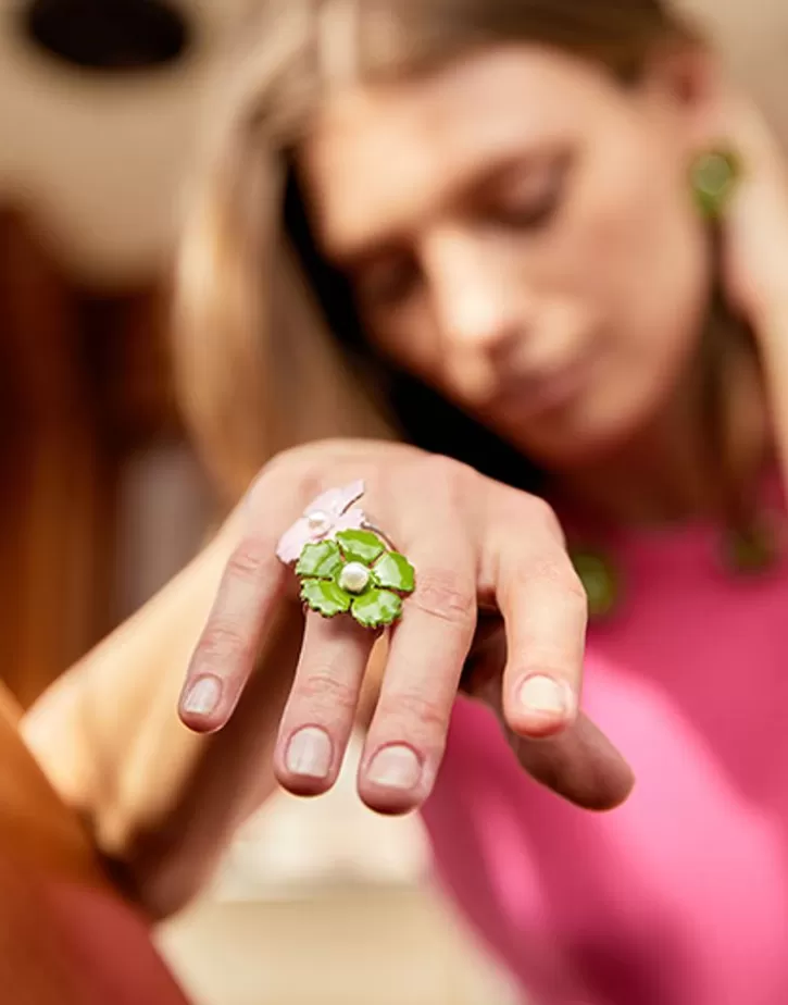 Online Majorica Silver Santorini Large Olive Green Flower Ring